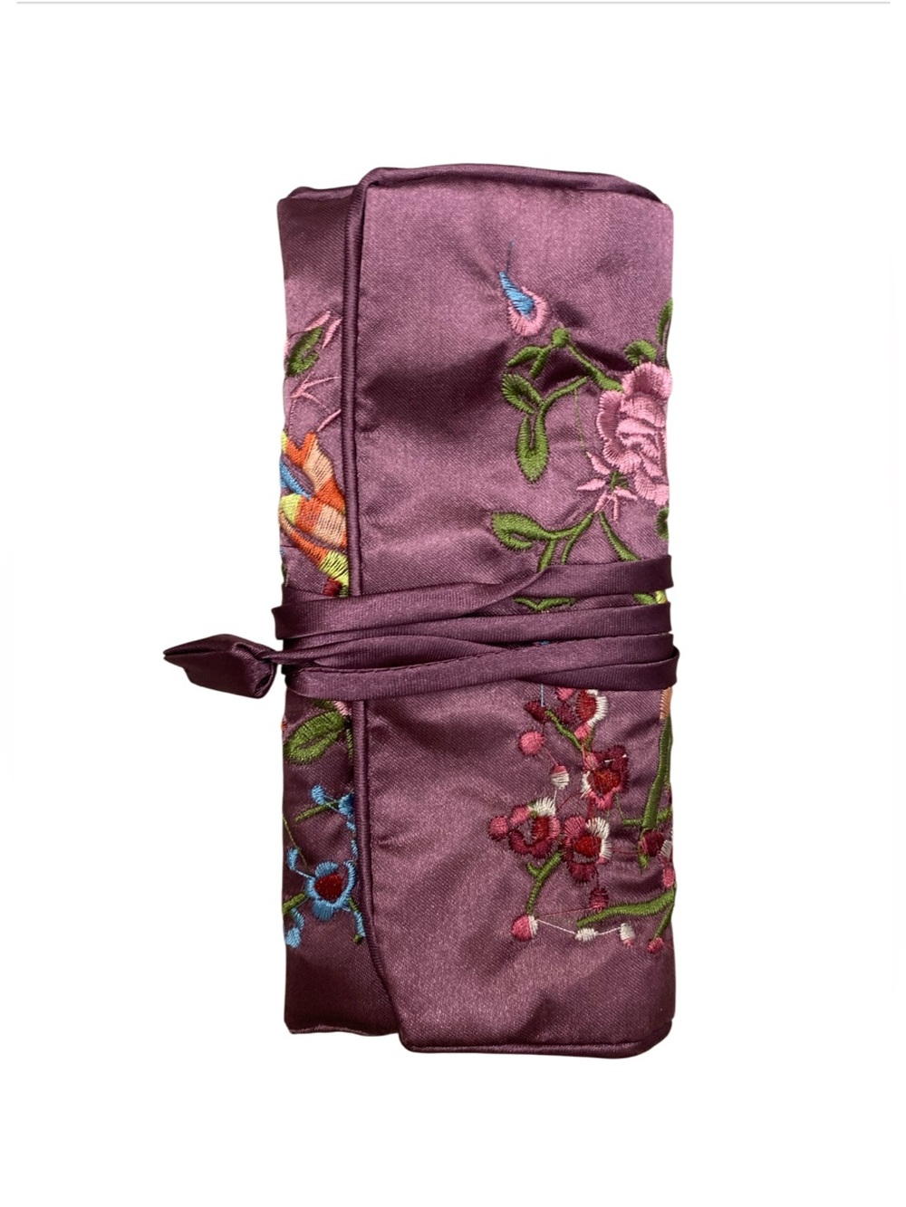 Embroidered Jewelry Travel Bag in Luxurious Purple Satin - New - Picture 2 of 5